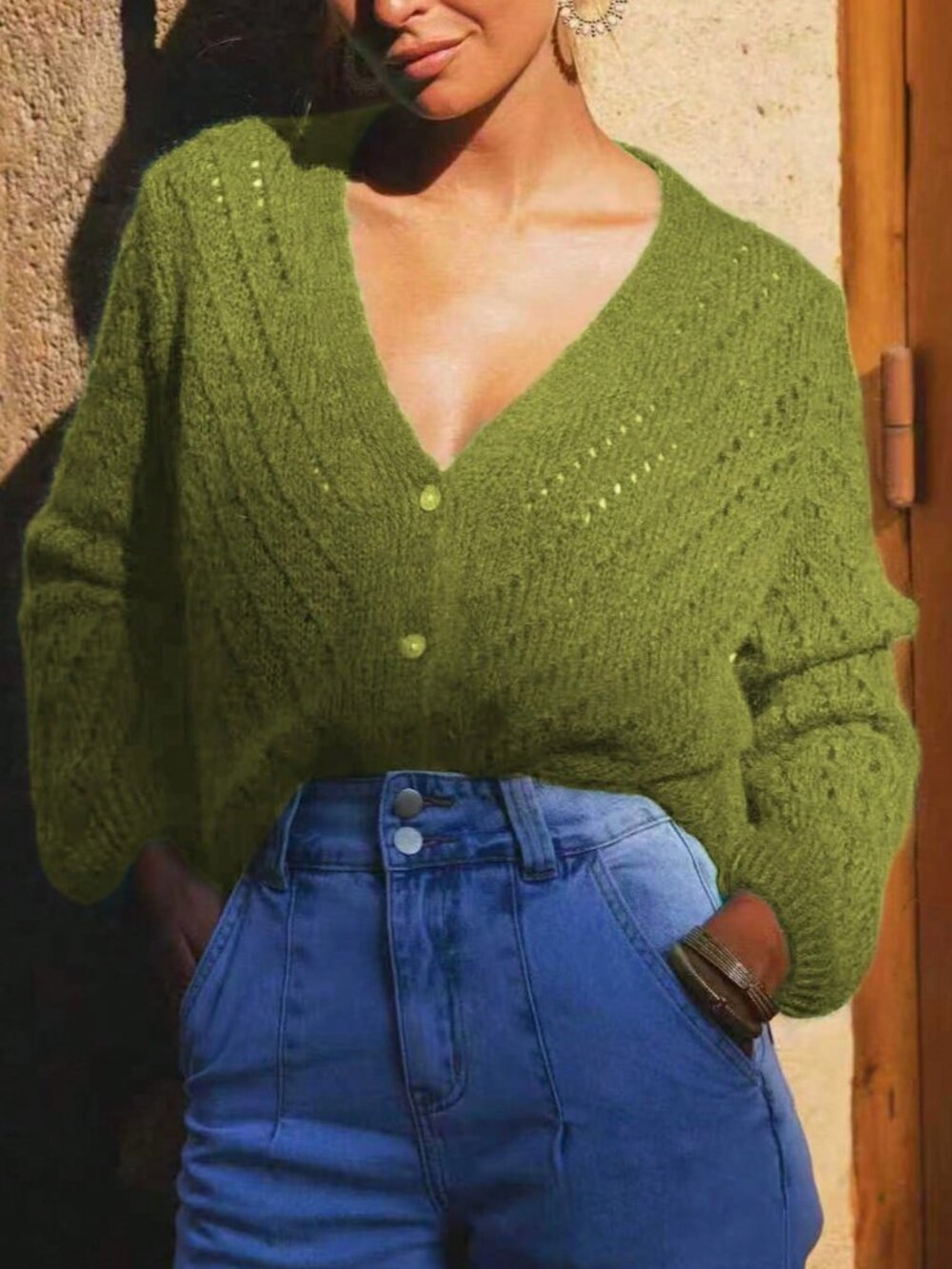 Green Casual Women's Long Sleeve Knit Cardigan Sweater - Picture 3 of 4